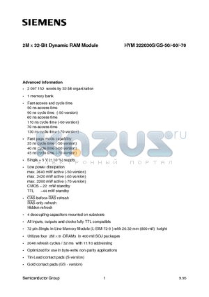 HYM322030GS-60 datasheet - 2M x 32-Bit Dynamic RAM Module