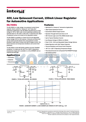 ISL78301 datasheet - 40V, Low Quiescent Current, 150mA Linear Regulator for Automotive Applications