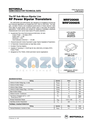 MRF20060 datasheet - RF POWER BROADBAND NPN BIPOLAR