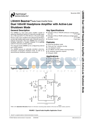 LM4809 datasheet - Dual 105mW Headphone Amplifier with Active-Low Shutdown Mode