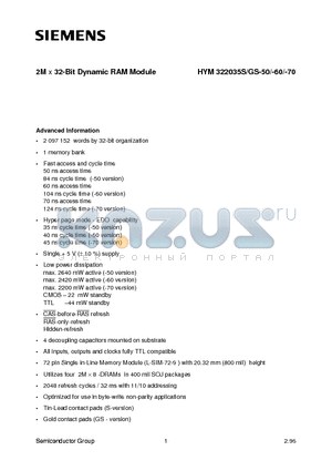 HYM322035GS-70 datasheet - 2M x 32-Bit Dynamic RAM Module