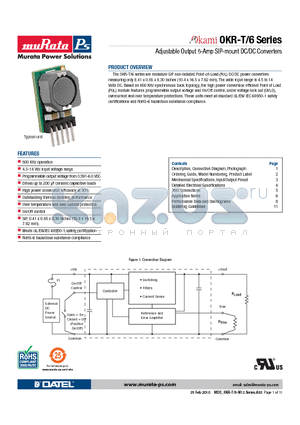 OKR-T/6 datasheet - Adjustable Output 6-Amp SIP-mount DC/DC Converters