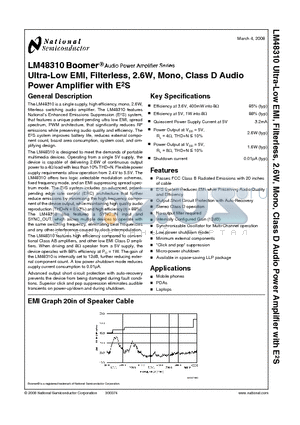 LM48310 datasheet - Ultra-Low EMI, Filterless, 2.6W, Mono, Class D Audio Power Amplifier with E2S