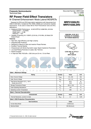 MRF21030LR3 datasheet - RF Power Field Effect Transistors N-Channel Enhancement-Mode Lateral MOSFETs