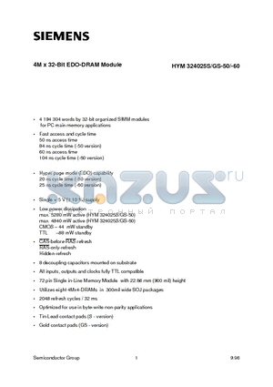 HYM324025S-50 datasheet - 4M x 32-Bit EDO-DRAM Module