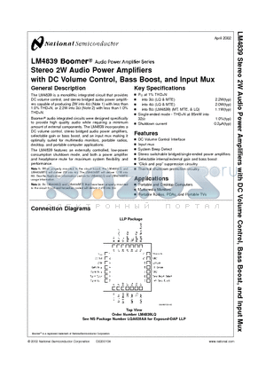 LM4839 datasheet - Stereo 2W Audio Power Amplifiers with DC Volume Control, Bass Boost, and Input Mux