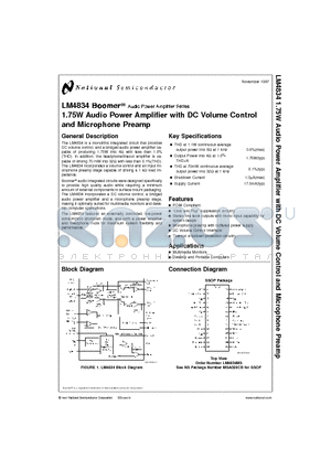 LM4834 datasheet - 1.75W Audio Power Amplifier with DC Volume Control and Microphone Preamp