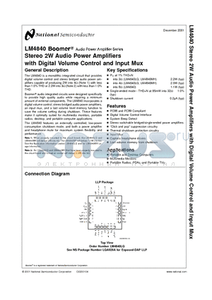 LM4840LQ datasheet - Stereo 2W Audio Power Amplifiers with Digital Volume Control and Input Mux