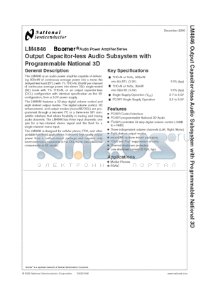 LM4846 datasheet - Output Capacitor-less Audio Subsystem with Programmable National 3D