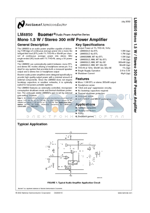 LM4850 datasheet - Mono 1.5 W / Stereo 300 mW Power Amplifier