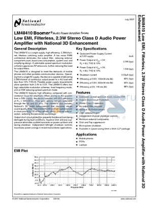 LM48410 datasheet - Low EMI, Filterless, 2.3W Stereo Class D Audio Power Amplifier with National 3D Enhancement