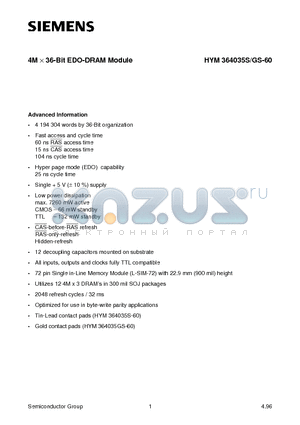 HYM364035S datasheet - 4M x 36-Bit EDO-DRAM Module