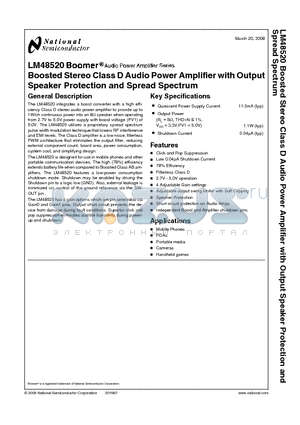 LM48520 datasheet - Boosted Stereo Class D Audio Power Amplifier with Output Speaker Protection and Spread Spectrum