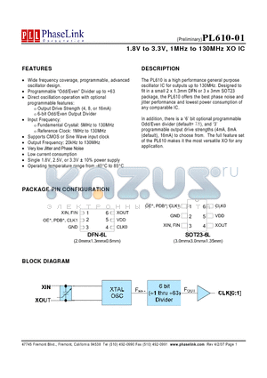 PL610-01-XXXGC-R datasheet - 1.8V to 3.3V, 1MHz to 130MHz XO IC