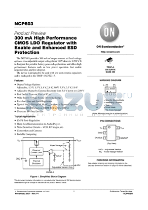 NCP603 datasheet - 300 mA High Performance CMOS LDO Regulator with Enable and Enhanced ESD Protection