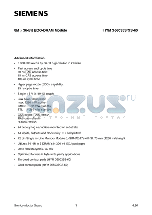 HYM368035GS-60 datasheet - 8M x 36-Bit EDO-DRAM Module