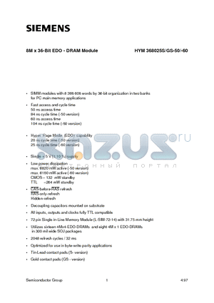 HYM368025GS-60 datasheet - 8M x 36-Bit EDO - DRAM Module