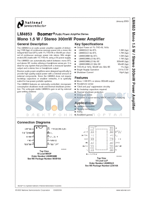 LM4853 datasheet - Mono 1.5 W / Stereo 300mW Power Amplifier