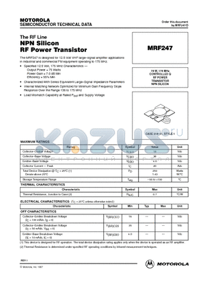 MRF247 datasheet - RF POWER TRANSISTOR NPN SILICON