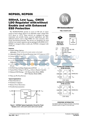 NCP605MN15T2G datasheet - 500mA, Low IGND, CMOS LDO Regulator with/without Enable and with Enhanced ESD Protection