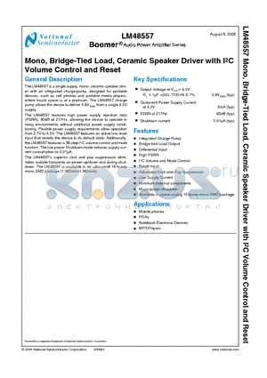 LM48557 datasheet - Mono, Bridge-Tied Load, Ceramic Speaker Driver with I2C Volume Control and Reset