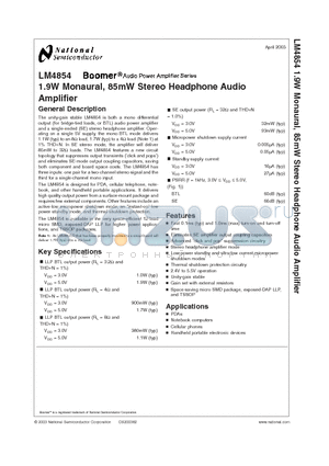 LM4854IBL datasheet - 1.9W Monaural, 85mW Stereo Headphone Audio Amplifier