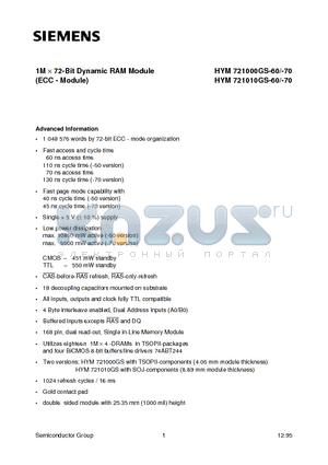 HYM721000GS-60 datasheet - 1M x 72-Bit Dynamic RAM Module