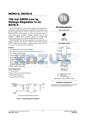 NCP612SQ18T1G datasheet - 100 mA CMOS Low Iq Voltage Regulator in an SC70-5