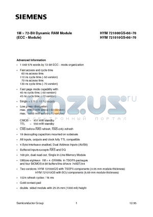 HYM721000GS-70 datasheet - 1M x 72-Bit Dynamic RAM Module