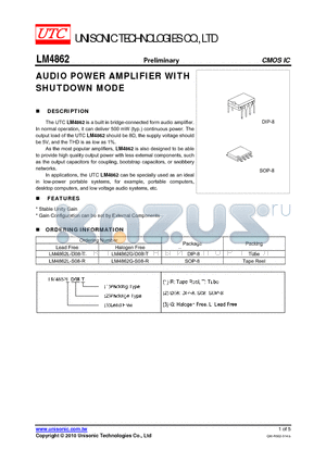 LM4862 datasheet - AUDIO POWER AMPLIFIER WITH SHUTDOWN MODE