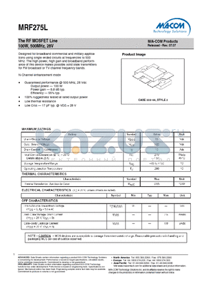 MRF275L datasheet - The RF MOSFET Line 100W, 500MHz, 28V