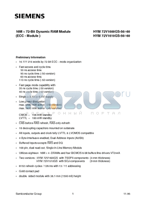 HYM72V1600GS-50 datasheet - 16M x 72-Bit Dynamic RAM Module