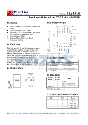 PL611-23XXXDC datasheet - Low Phase Noise XO (for 3rd O.T.) For 65-130MHz