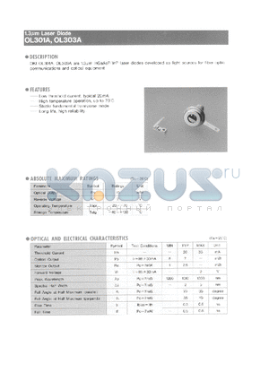 OL301A datasheet - 1.3 UM INGAASP/INP LASER DIODES DEVELOPED AS LIGHT SOURCES FOR FIBER OPTIC COMMUNICATIONS AND OPTICAL EQUIPMENT