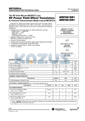 MRF281ZR1 datasheet - RF POWER FIELD EFFECT TRANSISTORS