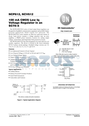 NCP612SQ33T1G datasheet - 100 mA CMOS Low Iq Voltage Regulator in an SC70−5