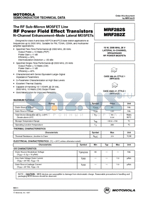MRF282Z datasheet - LATERAL N-CHANNEL BROADBAND RF POWER MOSFETs