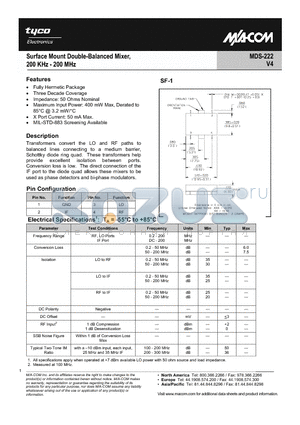 M222 datasheet - Surface Mount Double-Balance Mixer, 200 KHz - 200 MHz