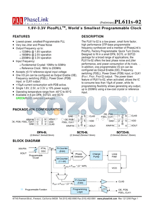 PL611S-02-XXXGC-R datasheet - 1.8V-3.3V PicoPLLTM, Worlds Smallest Programmable Clock