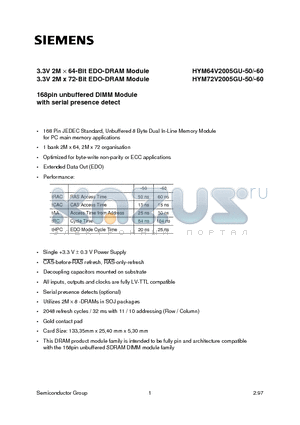 HYM72V2005GU-50 datasheet - 3.3V 2M x 64-Bit EDO-DRAM Module 3.3V 2M x 72-Bit EDO-DRAM Module