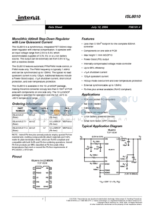 ISL8010_06 datasheet - Monolithic 600mA Step-Down Regulator with Low Quiescent Current