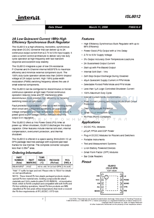 ISL8012 datasheet - 2A Low Quiescent Current 1MHz High Efficiency Synchronous Buck Regulator