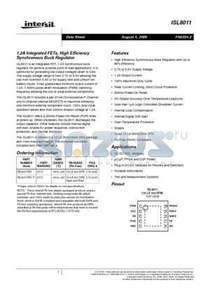 ISL8011 datasheet - 1.2A Integrated FETs, High Efficiency Synchronous Buck Regulator