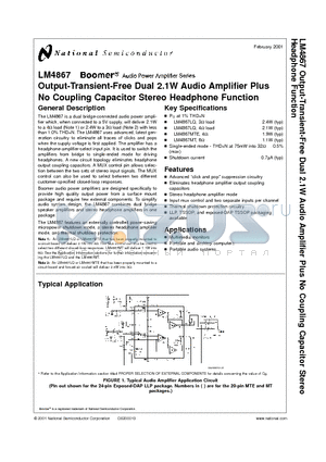 LM4867MT datasheet - Output-Transient-Free Dual 2.1W Audio Amplifier Plus No Coupling Capacitor Stereo Headphone Function