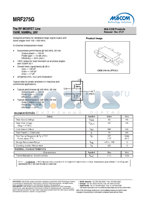 MRF275G datasheet - The RF MOSFET Line 150W, 500MHz, 28V