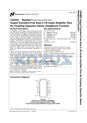 LM4868 datasheet - Output-Transient-Free Dual 2.1W Audio Amplifier Plus No Coupling Capacitor Stereo Headphone Function