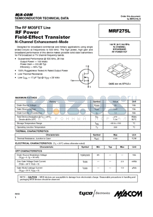 MRF275L datasheet - N-CHANNEL BROADBAND RF POWER FET