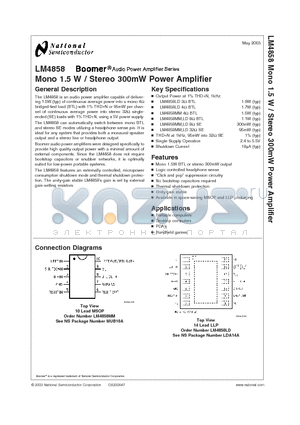 LM4858 datasheet - Mono 1.5 W / Stereo 300mW Power Amplifier