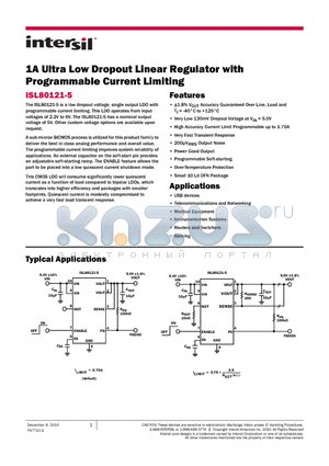 ISL80121-5 datasheet - 1A Ultra Low Dropout Linear Regulator with Programmable Current Limiting