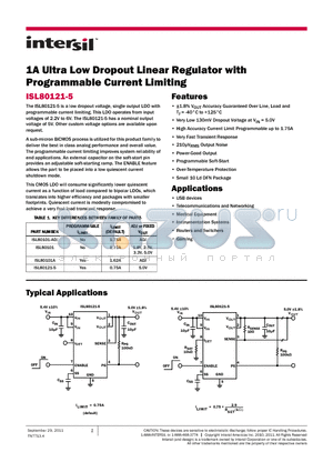 ISL80121-5_1109 datasheet - 1A Ultra Low Dropout Linear Regulator with Programmable Current Limiting